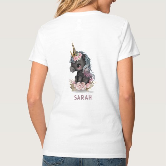 かわいい黒ユニコーン花水彩ユニコーン Tシャツ (裏面)