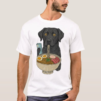 かわいい黒ラブラドールが携帯電話を持ってラーメンを食べる Tシャツ