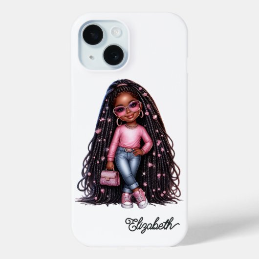 かわいい黒人の女の子ちびキャラ ピンクアクセントアート Case-Mate iPhoneケース (裏面)