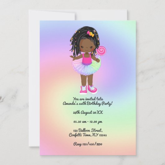 かわいい黒人少女のカラフルなチュチュ バースデーパーティー 招待状 (正面)