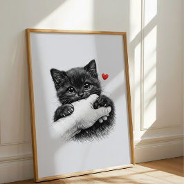 かわいい黒子猫が愛のハートと手に噛み付く ポスター