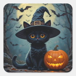 かわいい黒子猫カボチャ魔女の帽子ハロウィーンシーン スクエアシール
