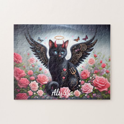 かわいい黒悪魔と天使の猫 ジグソーパズル (横)
