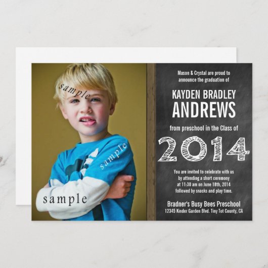 かわいい黒板の幼稚園の2014年の卒業の写真 招待状 (正面/裏面)