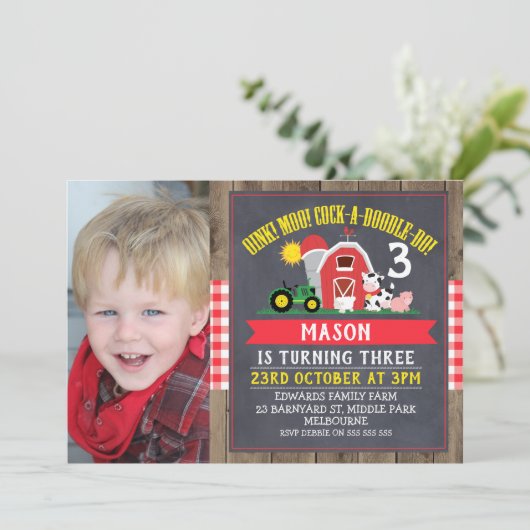 かわいい黒板の農場の写真の誕生日の招待状 招待状 (スタンド正面)
