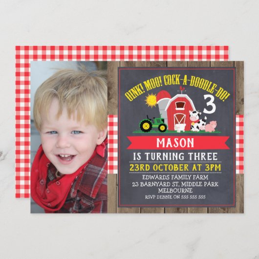 かわいい黒板の農場の写真の誕生日の招待状 招待状 (正面/裏面)