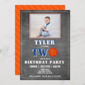 かわいい黒板バスケットボールの写真2回目の誕生日 招待状 (正面/裏面)