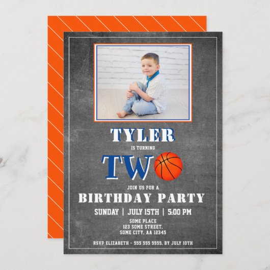 かわいい黒板バスケットボールの写真2回目の誕生日 招待状 (正面/裏面)