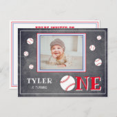 かわいい黒板野球写真1歳の誕生日 インビテーションポストカード (正面/裏面)