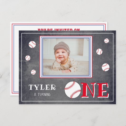 かわいい黒板野球写真1歳の誕生日 インビテーションポストカード (正面/裏面)