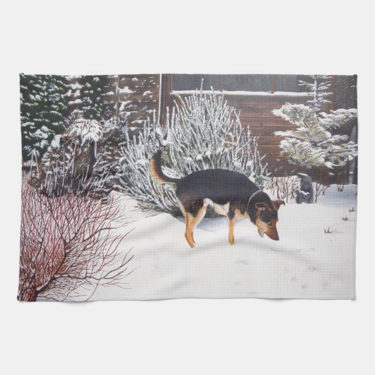かわいい黒犬とタン犬の冬の雪のシーン キッチンタオル (横)