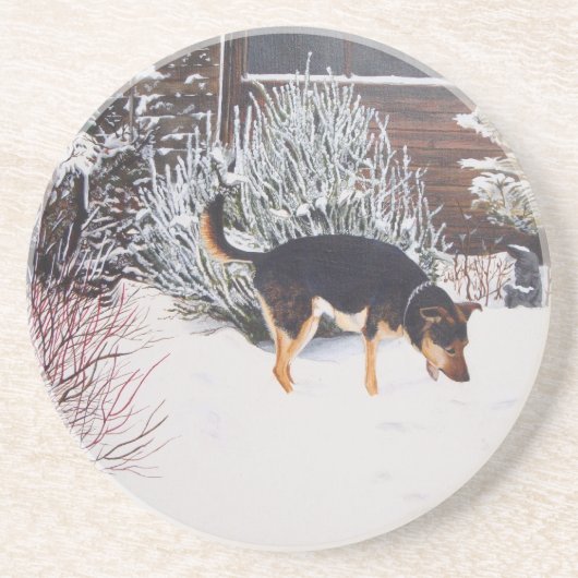かわいい黒犬とタン犬の冬の雪のシーン コースター (正面)