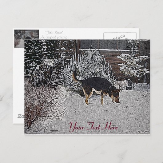 かわいい黒犬とタン犬の冬の雪のシーン ポストカード (正面/裏面)