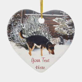 かわいい黒犬とタン犬の冬の雪景色 セラミックオーナメント