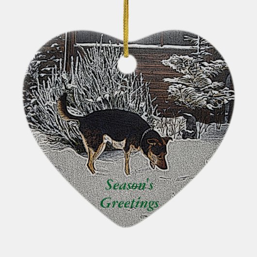 かわいい黒犬とタン犬の冬の雪景色 セラミックオーナメント (裏面)