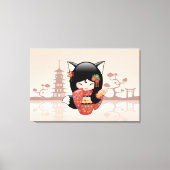 かわいい黒狐の女子こけし人形 キャンバスプリント (正面)