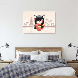 かわいい黒狐の女子こけし人形 キャンバスプリント