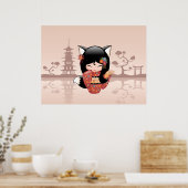 かわいい黒狐の狐娘こけし人形 ポスター (キッチン)