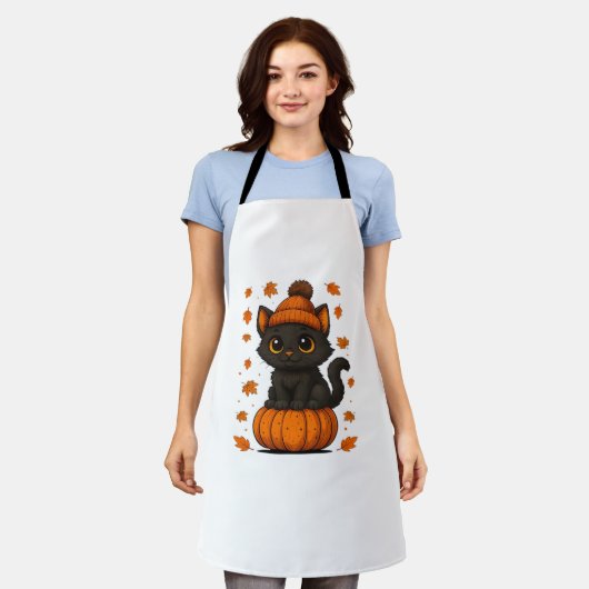 かわいい黒猫かぼちゃに座る秋美学A エプロン (着用した状態)