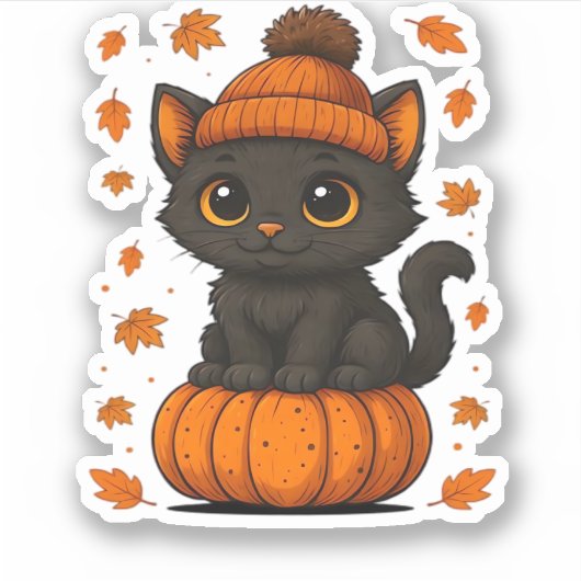 かわいい黒猫かぼちゃに座る秋美学A シール (正面)
