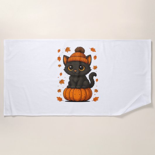 かわいい黒猫かぼちゃに座る秋美学A ビーチタオル (正面)