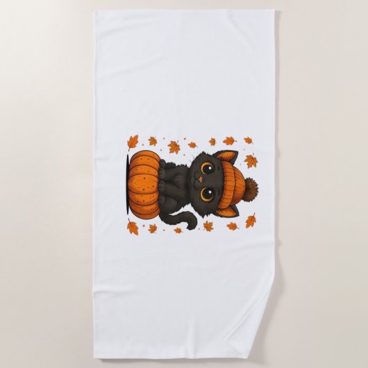 かわいい黒猫かぼちゃに座る秋美学A ビーチタオル (正面)