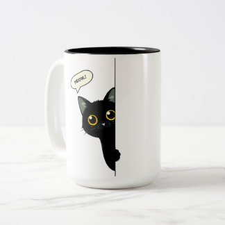 かわいい黒猫がコーナーから顔をのぞかせる | おもしろい ツートーンマグカップ
