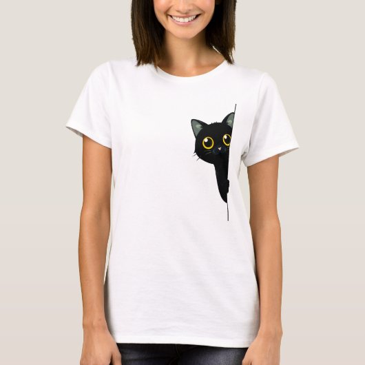 かわいい黒猫がコーナーから顔をのぞかせる | おもしろい Tシャツ (正面)