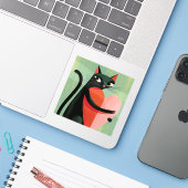 かわいい黒猫がハートを抱えるサージグリーン シール (ノートパソコンとiPhone)