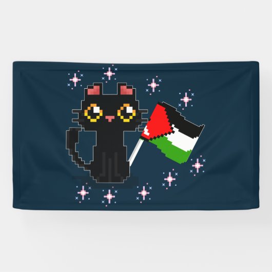 かわいい黒猫がパレスチナの旗を持っている 横断幕 (横)