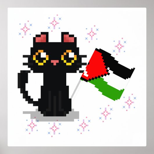 かわいい黒猫がパレスチナの旗を持っている 箔ポスター (正面)