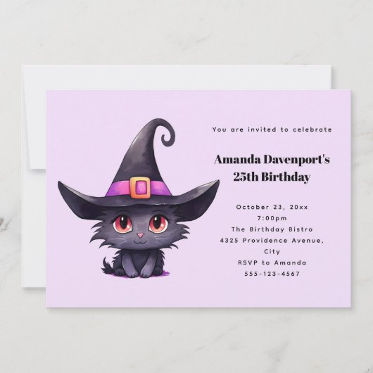 かわいい黒猫が魔女の帽子をかぶった誕生日 招待状 (正面)