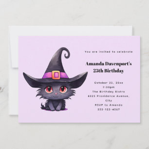 かわいい黒猫が魔女の帽子をかぶった誕生日 招待状