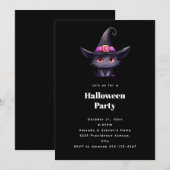 かわいい黒猫が魔女の帽子を被ったハロウィンパーティー 招待状 (正面/裏面)