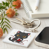 かわいい黒猫ちびキャラデザイン キーホルダー (正面右)