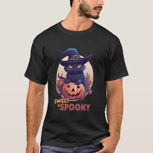 かわいい黒猫とかぼちゃのスイートなスプーキー満月ハロウィン Tシャツ (正面)