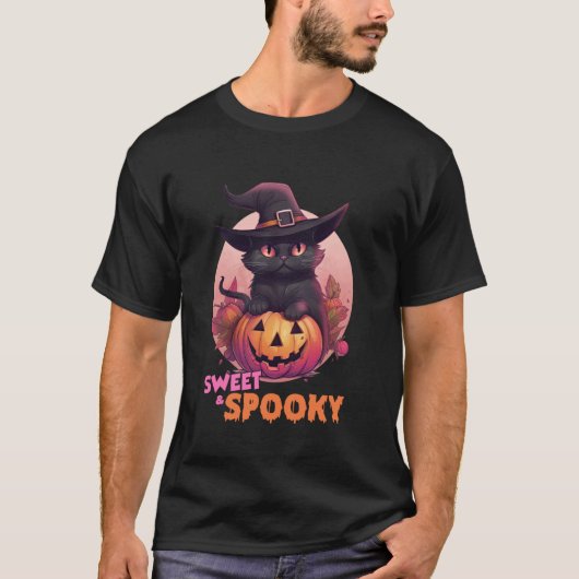 かわいい黒猫とかぼちゃのスイートスプーキー満月ハロウィン Tシャツ (正面)