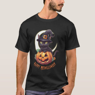かわいい黒猫とかぼちゃのハッピー・ミャウロウィン・クレセント Tシャツ