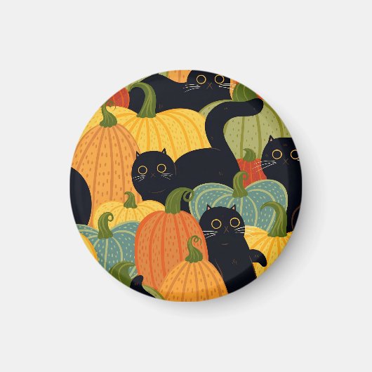 かわいい黒猫とかぼちゃのハロウィンシームレスパターン マグネット (正面)