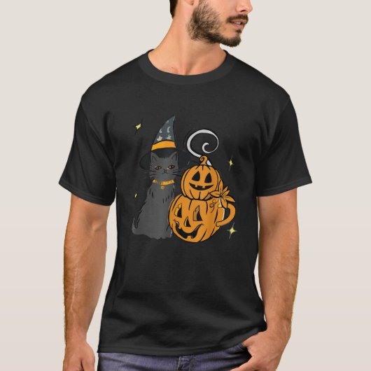 かわいい黒猫とかぼちゃ顔ハロウィントレンディーC Tシャツ (正面)