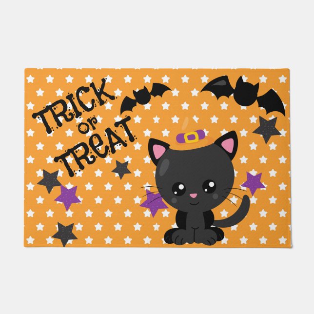 かわいい黒猫とこうもりのオレンジと白の星 ドアマット (正面)