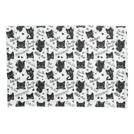 かわいい黒猫とことわざ柄 枕カバー (正面)