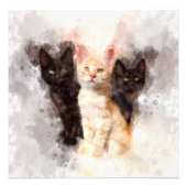 かわいい黒猫とオレンジの子猫の水彩画トリオ フォトプリント (正面)