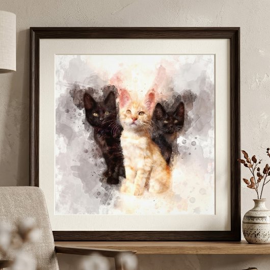 かわいい黒猫とオレンジの子猫の水彩画トリオ フォトプリント