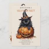 かわいい黒猫とオレンジ色のとうろうぼく ハロウィンパーティーの招待状 招待状 (正面/裏面)