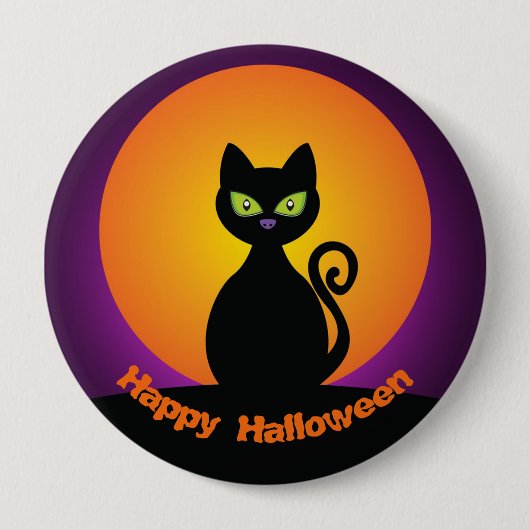 かわいい黒猫とオレンジ色の月 缶バッジ (正面)