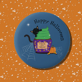 かわいい黒猫とカップケーキのブルーハロウィンボタン 缶バッジ