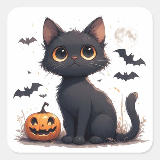 かわいい黒猫とカボチャのハロウィン🎃 スクエアシール (正面)