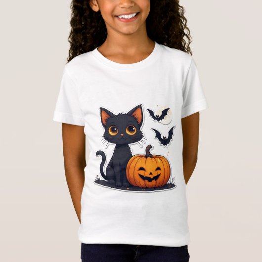 かわいい黒猫とカボチャの積み重ねハロウィン 🎃 Tシャツ (正面)
