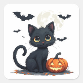 かわいい黒猫とコウモリのハロウィン 🎃 スクエアシール
